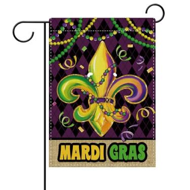 Imagem de Dyrenson Bandeira decorativa de jardim de flor de lis Mardi Gras, contas de carnaval de Nova Orleans, decoração externa para casa, baile de máscaras rústica, estopa de festa ao ar livre pequena