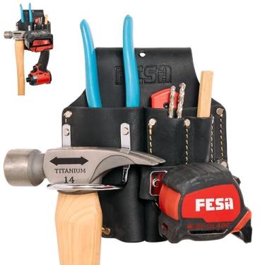Imagem de FESA Coldre de alicate de couro durável - Suporte duplo de couro de grão pesado para cinto com suporte de martelo de aço, clipe de fita e 2 bolsos para lápis de carpinteiro - Clipe em qualquer cinto