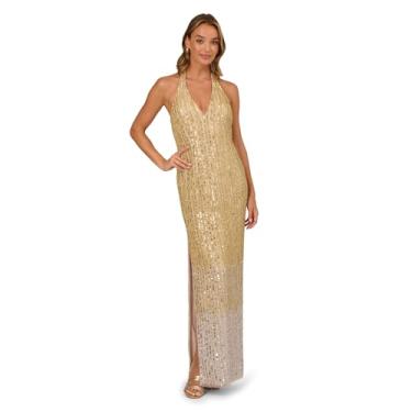 Imagem de Adrianna Papell Vestido longo feminino frente única com contas, Prata/ouro, 44