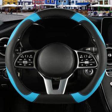 Imagem de Binsheo Capa de volante de couro de microfibra em forma de D, respirável, antiderrapante, 34,3 cm a 35,5 cm, preta com azul