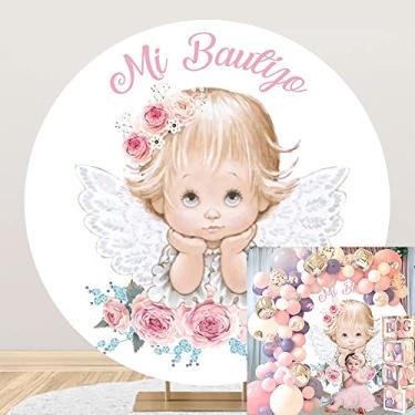 Imagem de OERJU 1,2 m x 1,2 m Little Angel Mi Bautizo capa de fundo redonda batismo batismo primeiro círculo de comunhão de fundo fotografia de fundo para chá de bebê recém-nascido decoração de festa adereços de cabine de fotos
