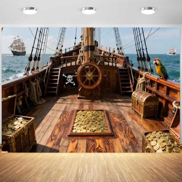 Imagem de 2,1 x 1,5 m vintage cenário de navio pirata de madeira leme baús do tesouro mapa do tesouro papagaio oceano veleiro fotografia fundo náutico tema piratas decorações de festa adereços de estúdio
