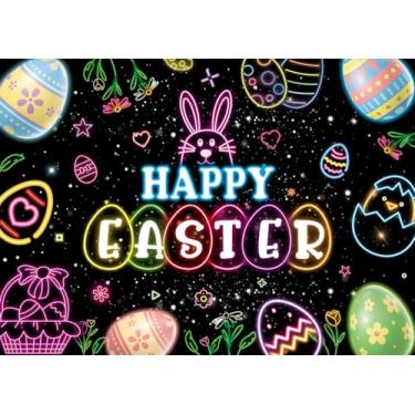 Imagem de INRUI Pano de fundo de fotografia de Páscoa brilhante que brilha no escuro Feliz Páscoa colorido coelho ovos decoração festa banner (20 x 1,8 m)