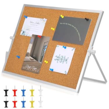 Imagem de 1 quadro de avisos de cortiça de 29 x 30 cm, pino de dupla face com borda de alumínio prateado, quadro de cortiça de mesa pequeno com suporte para casa, escritório, escola, mesa, mensagem ou imagem