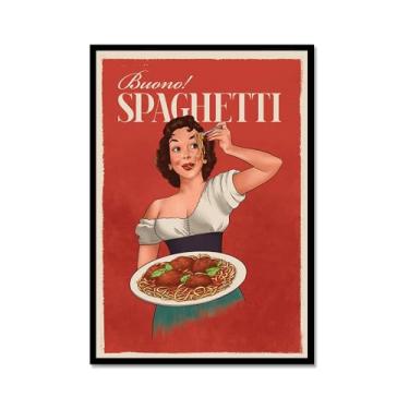 Imagem de Impressões em tela engraçadas italianas de comida e bebida – Pôster retrô de mulher em vidro com Limoncello Spaghetti Vino Pasta Cozinha Bar Decoração de parede (SKU3,12 x 45,7 cm = (30 x 45 cm