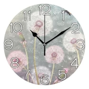 Imagem de Relógio de parede decorativo analógico quarto cozinha relógio redondo sem tique-taque silencioso, decoração de parede de sala de estar moderna, flor rosa pastel floral, 25 cm, ponteiros pretos