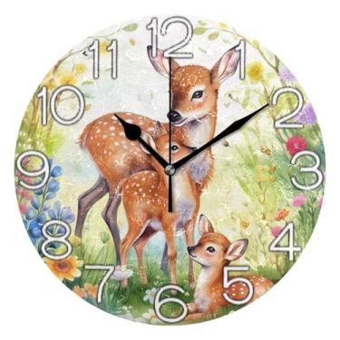 Imagem de GAIGEO Relógio de parede analógico decorativo relógio de cozinha rústico estético silencioso sem tique-taque, decoração de parede vintage sala de estar bonito cervo primavera, 25 cm, ponteiros pretos