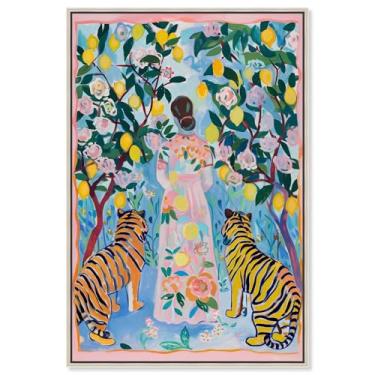 Imagem de Decoração de parede costeira com impressão em tela de jardim de tigre por Art Remedy, moldura prateada, 50 x 76 cm