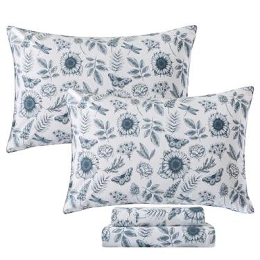Imagem de FADFAY Conjunto de lençóis de borboleta, Queen, azul e branco, girassol, vintage, botânico, rosa, floral, surrado, folhas rústicas, roupa de cama 100% algodão percal, respirável, macio, bolso profundo