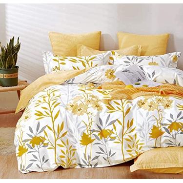 Imagem de SLEEPBELLA Conjunto de edredom tamanho Queen com estampa floral reversível de folhas brancas e amarelas, tecido de algodão de 600 fios, enchimento interno de microfibra ultramacio com 3 peças (1 edredom + 2 fronhas