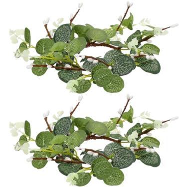Imagem de DOITOOL 20 peças de anéis de vela de casamento com folhas de eucalipto verde, grinaldas, folhas artificiais, boho, suporte de pilares