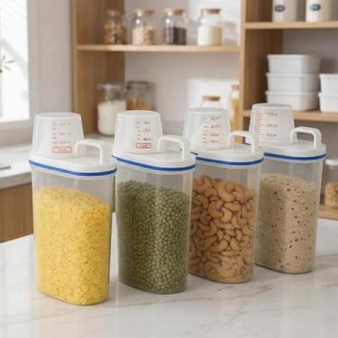 Imagem de Kit Potes Herméticos com Tampa e Copo Medidor organizador de cozinha porta mantimentos 2L bico dosador vedação silicone plástico retangular para alimentos sabão cereais (4)