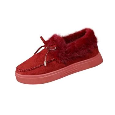 Imagem de Botas de neve femininas de inverno casuais forradas com lã quente sola grossa bico redondo com detalhe de laço camurça, Vinho vinho, 35
