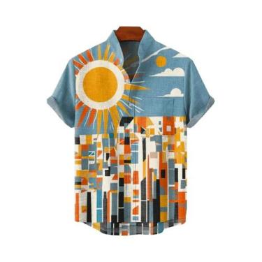 Imagem de Camisa Masculina Vintage De Linho Com Estampa De Sol, Manga Curta, Ver