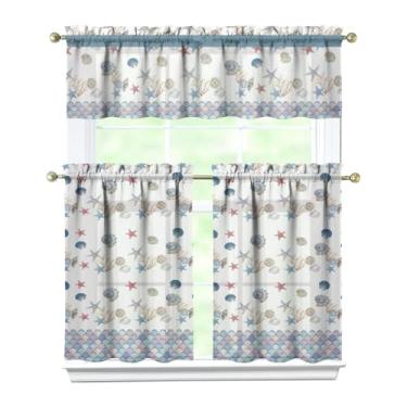 Imagem de Nojuikm Conjunto de cortinas e sanefas de cozinha com estrela do mar, 3 peças, engraçado, para decoração de janela pequena, cortinas sobre a pia, para cozinha, quarto, lavanderia, decoração de casa 70