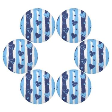 Imagem de Wassud Jogo americano conjunto de 6 tapetes redondos com listras de corações azuis para cozinha e jantar, tapetes laváveis e resistentes ao calor, decoração de mesa 39 cm