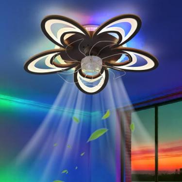 Imagem de Ventilador de teto com luzes RGB, 64 cm, estilo lustre, com controle remoto por aplicativo, função dimmer, 6 velocidades, silencioso, reversível, timer, luz noturna e função de memória para