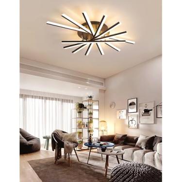Imagem de Luminária de teto moderna com controle remoto, LED, para sala de estar, quarto, com temperatura de cor ajustável e iluminação quente, ideal para sala de jantar e cozinha (preta, 7 lâmpadas).