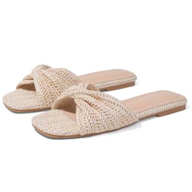 Imagem de EQAUDES Sandálias rasteiras femininas Raffia trançadas de palha trançadas sem cadarço – verão, bico aberto, praia, conforto, elegante, Bege, 38