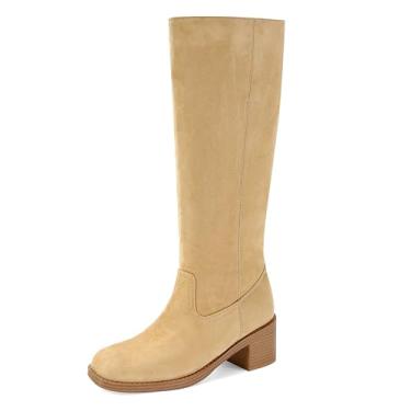 Imagem de DOEYG Botas femininas de cano alto banana bico quadrado salto grosso botas altas panturrilha larga moda confortável casual pull on botas longas, Camurça damasco, 37