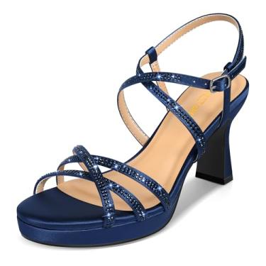 Imagem de PIZZ ANNU Sandália feminina Stellora plataforma salto alto bloco tiras brilhantes strass aberto bico aberto tira no tornozelo sapato sapato sapato para festa casamento, Cetim marinho, 39