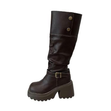 Imagem de Botas femininas estilo retrô estilo ocidental salto grosso empilhadas para outono inverno casual, Marrom, 35