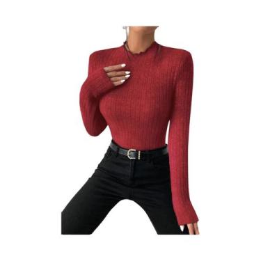 Imagem de Suéter Feminino Listrado De Tricô Com Gola Franzida E Manga Longa, Top