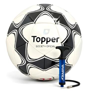Imagem de Kit Bola de Futebol Society Topper Slick 22 Oficial 32 Gomos PVC Macia Durável Resistente Campo Grama Sintética Adulto Juvenil Treino E Jogo + Bomba Ar Dupla Ação Inflador Rápido Enchedor Bombinha