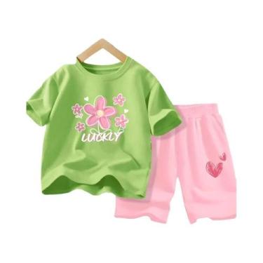 Imagem de Conjunto De Roupas De Verão Para Meninas Camiseta Com Flores E Shorts 