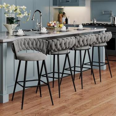 Imagem de Alunaune Conjunto de 4 banquetas de veludo de 66 cm, bancos de bar estofados com altura de balcão com encosto, banquetas de bar de ilha de cozinha, cadeira lateral para sala de jantar de pub - cinza