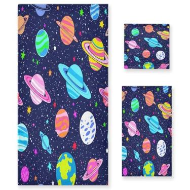 Imagem de xigua Conjunto de toalhas de banheiro coloridas planetas absorventes macias 3 peças toalha de banho toalha de mão toalhas decorativas para banheiro, academia, hotel, praia, piscina