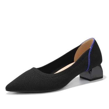 Imagem de Uonpie Sapato feminino bico fino fechado salto baixo grosso festa de casamento escritório trabalho, Preto, 36