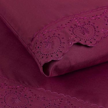 Imagem de Jogo de Lençol Nobre Solteiro 3 Peças MicroPercal 200 Fios Bordado Inglês Fino - Bordo - 100% Poliéster