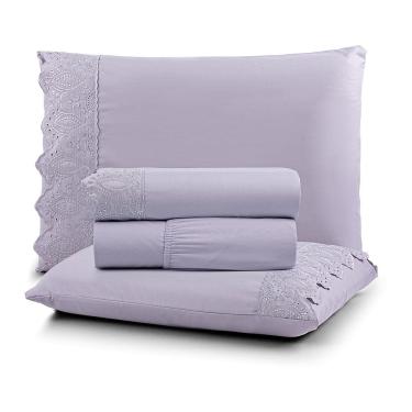 Imagem de Jogo de Lençol Nobre King 4 Peças MicroPercal 200 Fios Bordado Inglês Fino - Bruma Lilás - 100% Poliéster