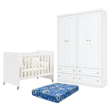 Imagem de Berço Americano Evolution 4 em 1 Branco Acetinado e Guarda Roupa Infantil Americano 4 Portas Branco HP e Colchão Ortobom - Henn