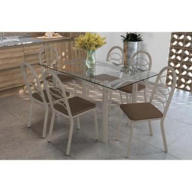 Imagem de Conjunto: Mesa Sala Jantar Elba C- Tampo De Vidro 150cm E 6 Cadeiras Holanda Niquel - Courano Marrom - Kappesberg