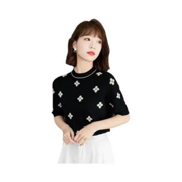 Imagem de Camiseta Feminina Elegante De Verão Em Tricô Fino Com Bordado Floral E
