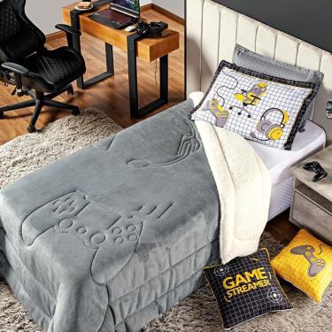 Imagem de Kit Coberdrom Cobertor Solteiro Game Streamer Cinza Com Fronha Estampada 02 Peças - Dupla Face Sherpa E Mantinha