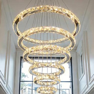 Imagem de 7PMBEANE Lustre De Cristal Moderno Para Teto Alto, Luminárias Luxo Com 6 Anéis Led Sala Jantar, Tetos Grandes, Lustres Hall Entrada, Estar, Escada, D8"-12"-16"-20"-24"-28"