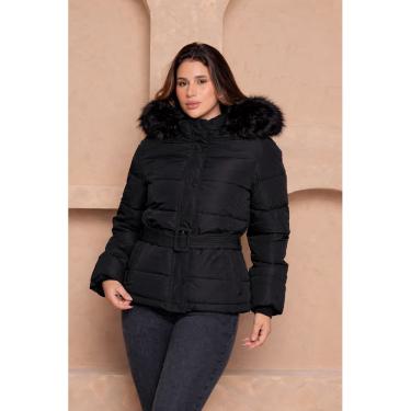 Imagem de Jaqueta Feminina Puffer com Cinto e Capuz Peluciado Forrada