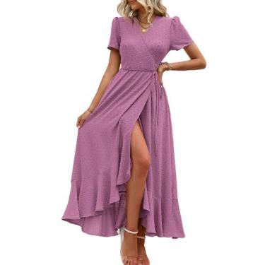 Imagem de Vestido PRETTYGARDEN Z_Purple Transpassado Decote V Manga Curta Tamanh