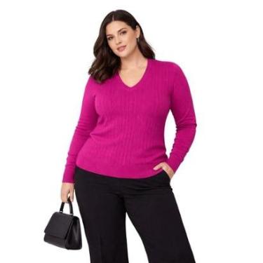 Imagem de Suéter Tricô Gola V Feminino City Lady by Facinelli Plus Size 658113 Pink-Feminino
