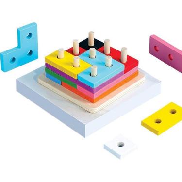 Imagem de Brinquedo Pedagógico de Madeira Encaixe Formas e Cores Tetris Coordenação Motora Toy Mix