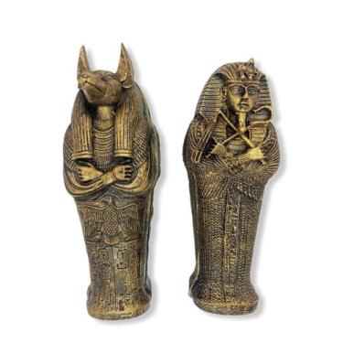 Imagem de Kit Sarcofagos Egípcios 1 Tutankamon 17 cm e 1 Anubis 17,5 cm Resina -