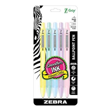 Imagem de Zebra Pen Z-Grip Caneta esferográfica retrátil pastel pacote com 5, barris de cores sortidas, ponta média de 1,0 mm, tinta preta, tinta de baixa viscosidade, aderência sem látex, fonte de tinta