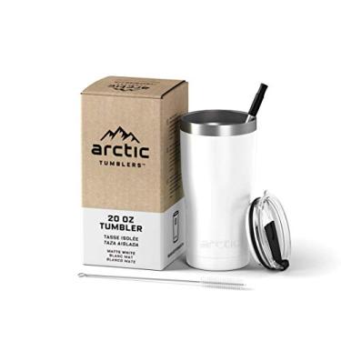 Imagem de Arctic Tumblers | Copo isolado branco fosco de 590 ml com canudo e limpador - mantém a temperatura até 24 horas - Tampa à prova de respingos, tecnologia de vácuo de parede dupla, livre de BPA e feita