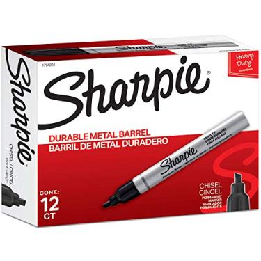 Imagem de Sharpie Marcadores permanentes de barril de metal, ponta de cinzel, preto, 12 unidades