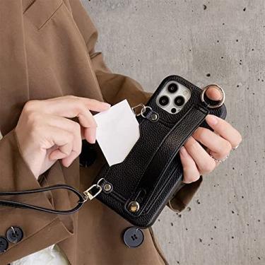 Imagem de Capa de telefone de carteira com alça transversal para iPhone 13 12 11 Pro XS Max Mini X XR 7 8 Plus Porta-cartão Cordão Capa de Couro, Preto, Para iPhone 7