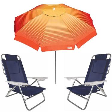 Imagem de Kit Guarda Sol 2,2m Articulado Cancun Cadeira Reclinável Summer 6 Posições Alumínio Praia Jardim Camping Piscina