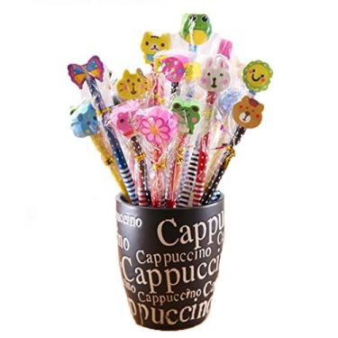 Imagem de Pacote com 50 lápis de madeira com listras de animais coloridos sortidos com borracha de animal, borrachas de lápis para suprimentos escolares e prêmios para crianças